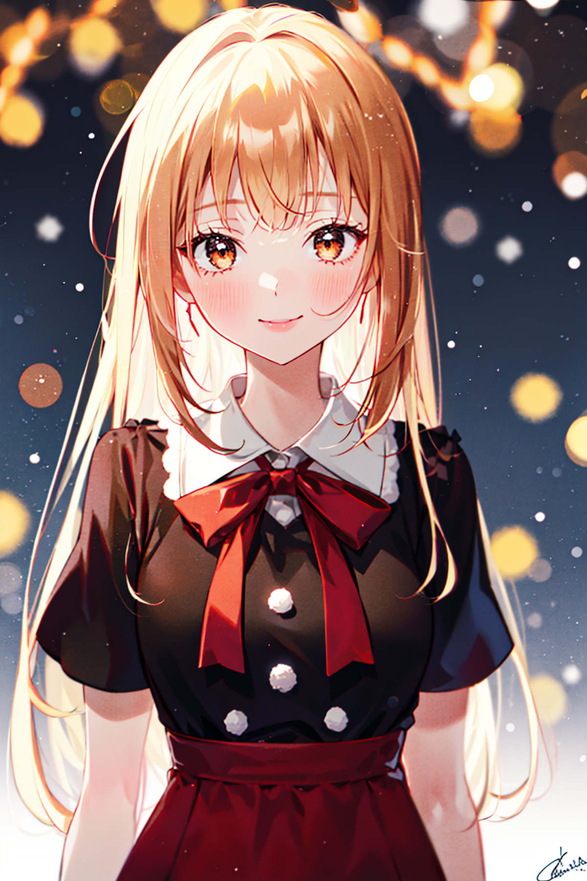 1girl, long_hair, solo, christmas, blurry, snowing, snowflakes, blurry_background, looking_at_viewer, bangs, christmas_tre...
